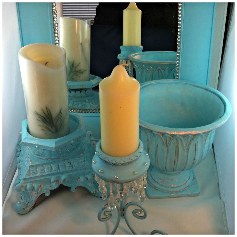 DIY Robin Egg Blue Use Left Over Wall Paint for Decor Accents #bedroom_decor #blue #wallpaint #reuse #decor_accents #DIY #Vase #candle #shabby_chic #tipsandtricks #howto