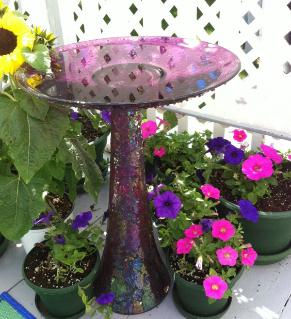 DIY Bird Bath Made With Up-Cycled Vase and Platter #bird_bath #birds #DIY #Up-cycle #YardandGarden #Patio_decor #Purple #Vase #Platter