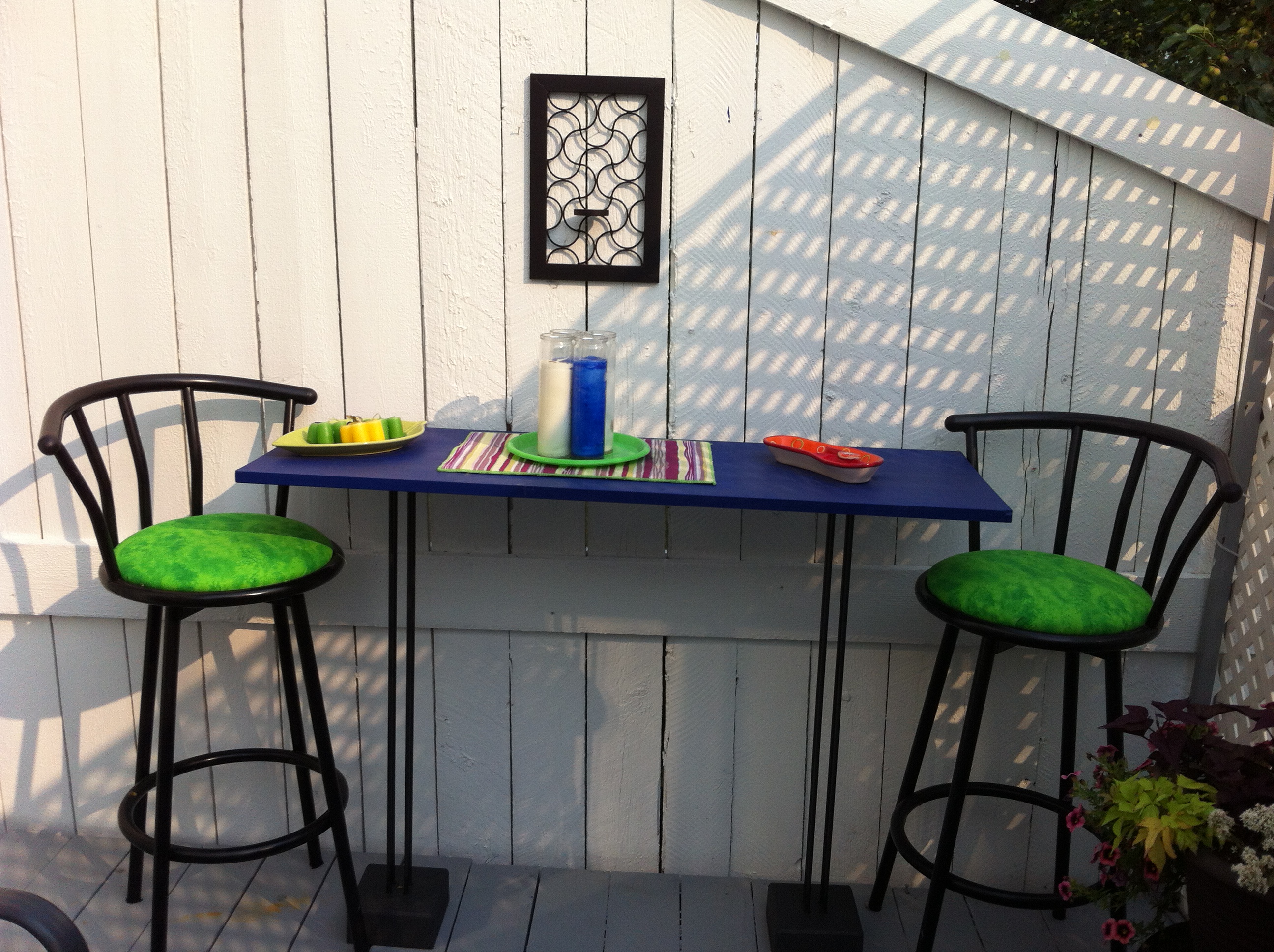 Upcycled Patio Table from Speaker Stands 8 DIY Patio Accents #trashtotreasure #patio #diy #yard #garden #up-cycle #re-purpose #patio_table #plant_stand #bird_bath #herb_garden