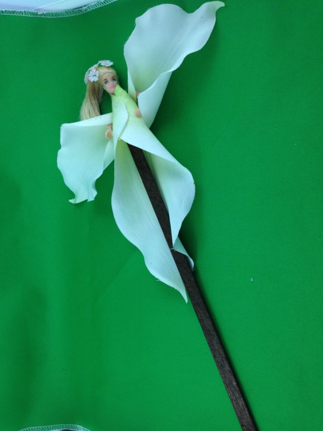 DIY Lily Fairy Flower Pot Insert Made With Abandoned Doll and Faux Lily Petals. #Fairies #Doll #Lily #Craft #Flower Fairy