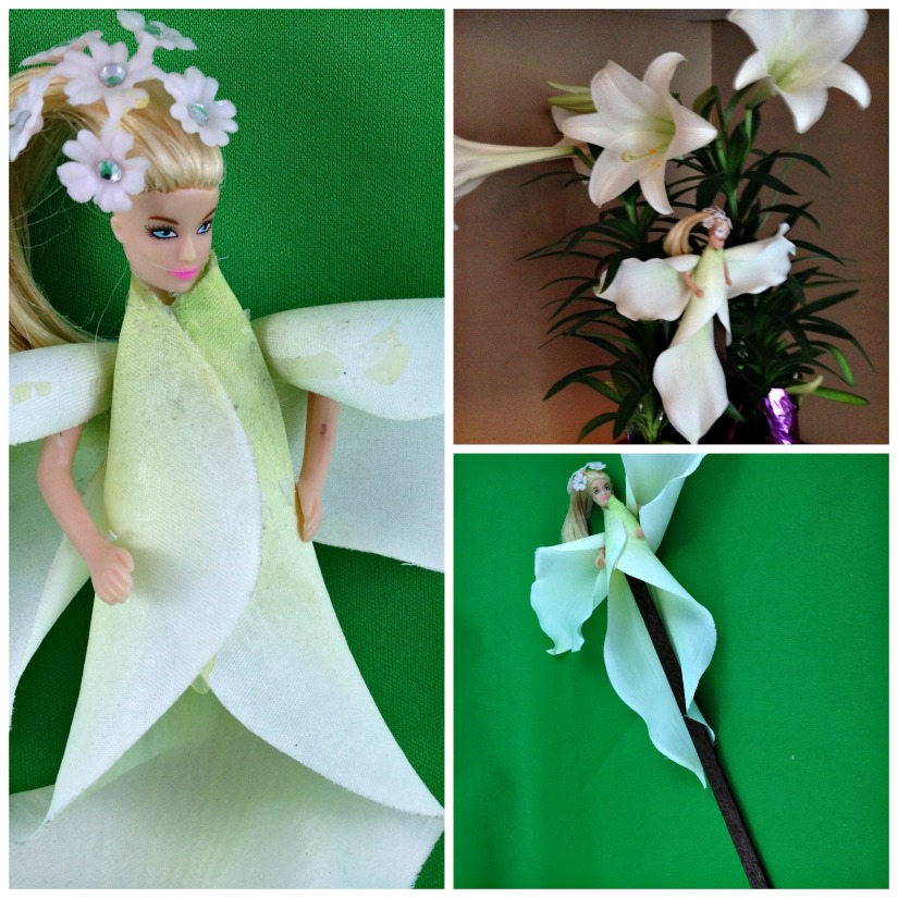 DIY Lily Fairy Flower Pot Insert Made With Abandoned Doll and Faux Lily Petals. #Fairies #Doll #Lily #Craft #Flower Fairy
