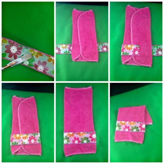 DIY No Sew Towel Handmade Towel Set for Barbie Doll made with baby face clothes and ribbon. Tiny glitter bottles make perfect Barbie Doll shampoo and conditioner accessories. DIY Barbie Doll Towel Set. Easy to make Barbie Doll accessories. #barbiedoll #towels #DIY #Upcycle #Repurpose #Reuse #Toys   #handmade #bathtowels #Barbiebathroomaccessories #Starrcreative.ca