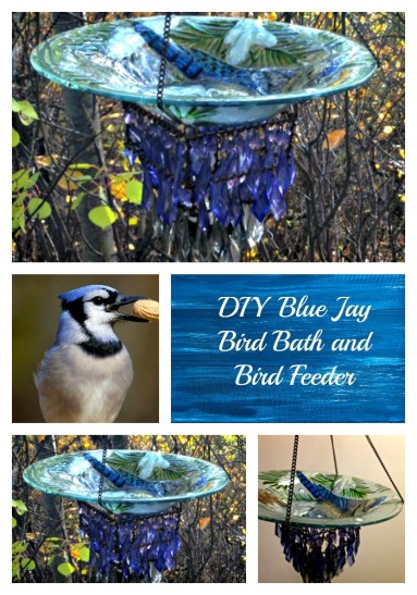 DIY Blue Jay Bird Bath and Bird Feeder made with repurposed vase and hanging crystal candle holder from Thrift Store