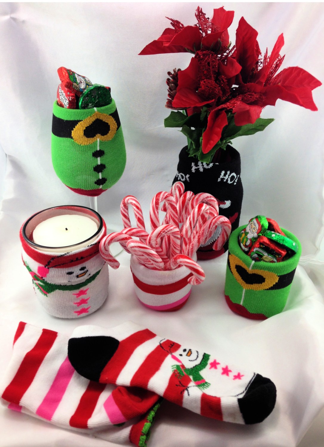 DIY Christmas Sock Baby Bottle Cozies Candy Dish, Vase, Candles, Socks