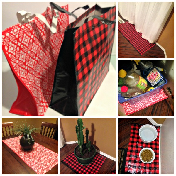 6 Easy DIY Home Hacks Using Reusable Shopping Bags #upcycle #shoppingbags #homedecor #bootmat #dogmat #doormat #tablerunner #cupboardliner
